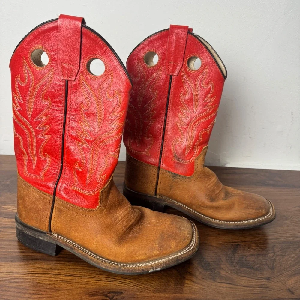 Old West Kids BSY1811 Red and Brown Leather Square Toe Cowboy Boots Size 4
